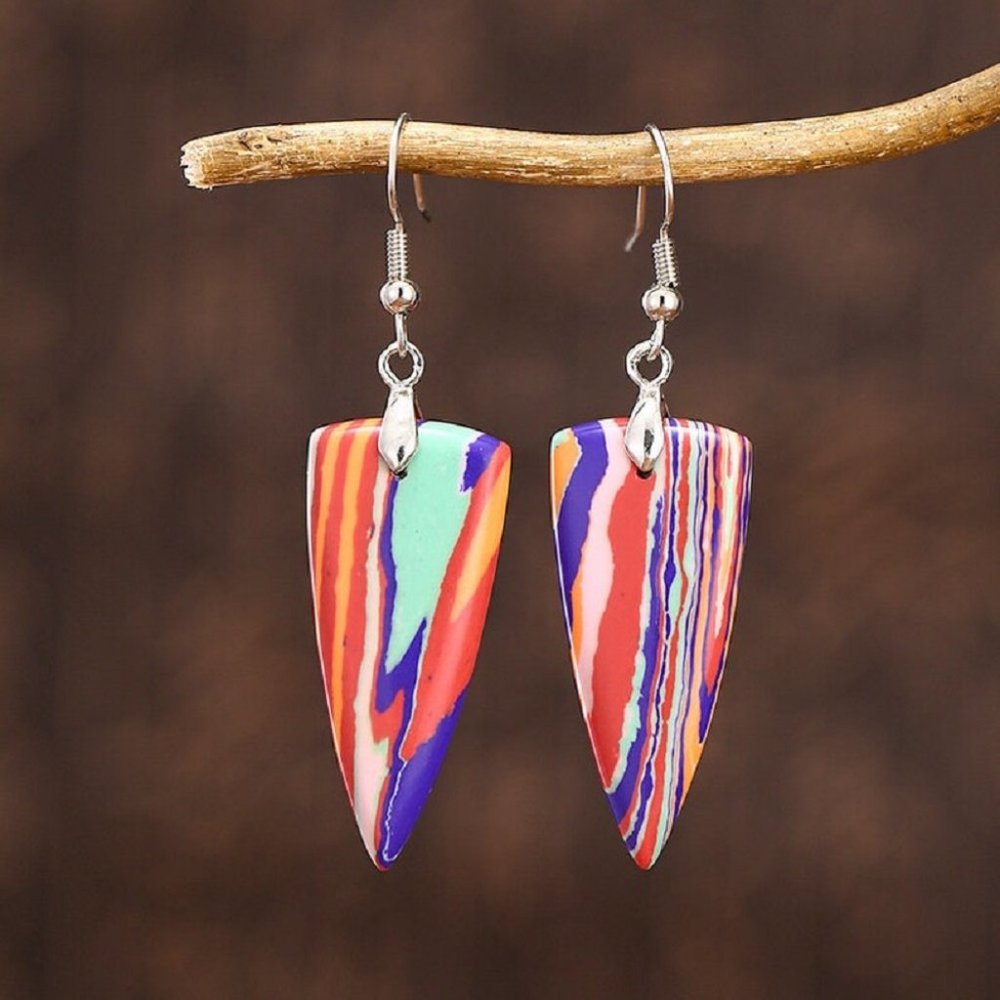 Natural Galaxy Sea Sediment Jasper Triangle Dangle Drop Earrings
